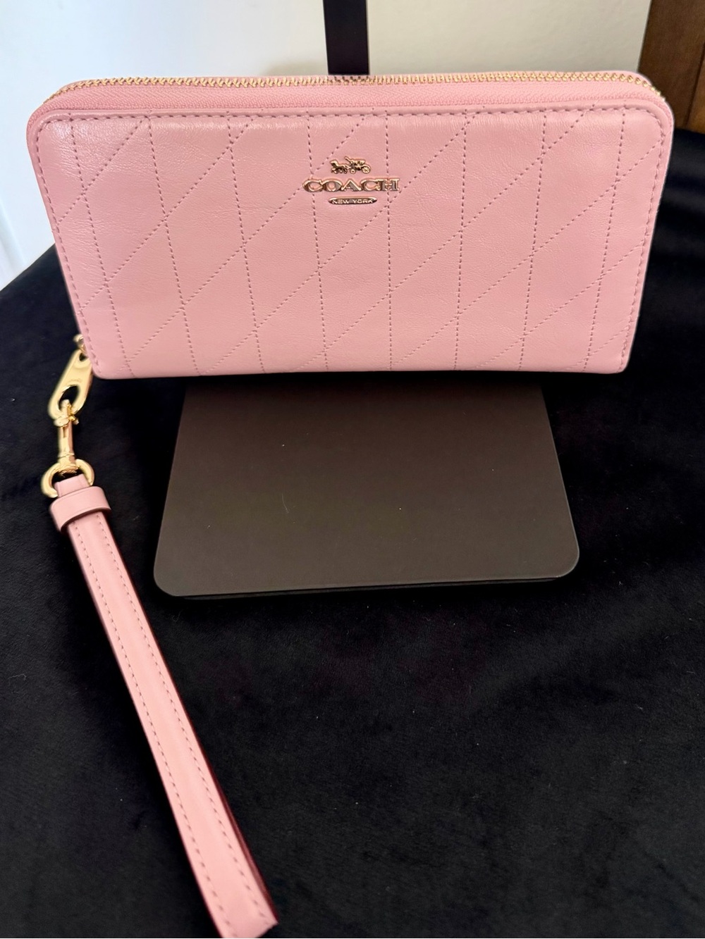 Coach Pink Quilted Zip Wristlet Wallet with Gold Logo
